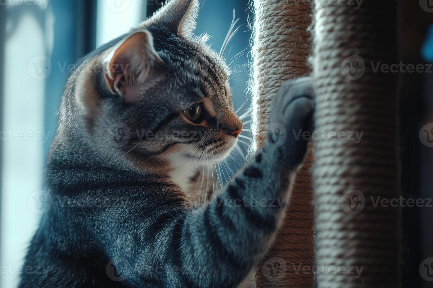 A playful tabby cat exploring a scratching post in a sunlit living room, showcasing its natural instincts and climbing skills photo