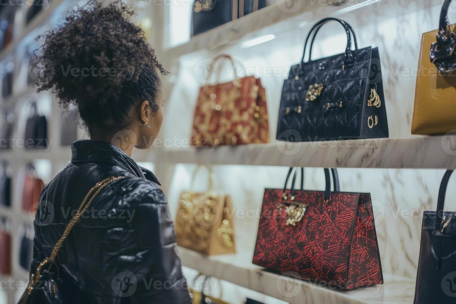 A customer explores a selection of stylish designer handbags in a luxury boutique during a personalized shopping experience photo