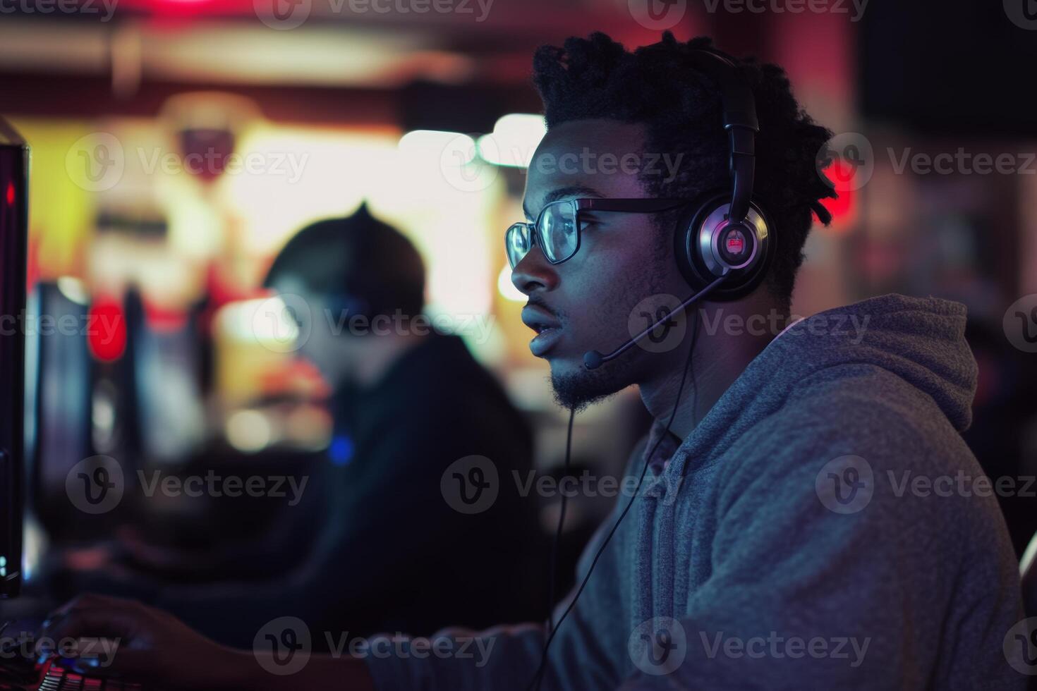 Customer service representative assisting clients with telecom inquiries at a busy call center during evening hours photo