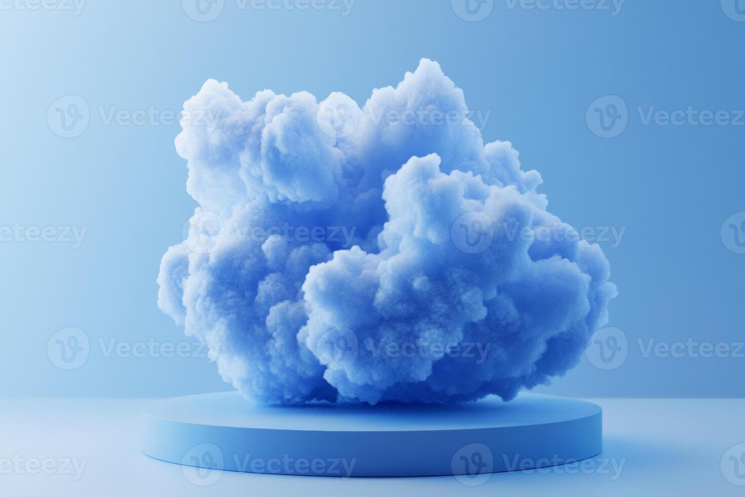 A soft, lovely blue cloud floats serenely on a circular platform against a gentle blue background in a tranquil atmosphere photo