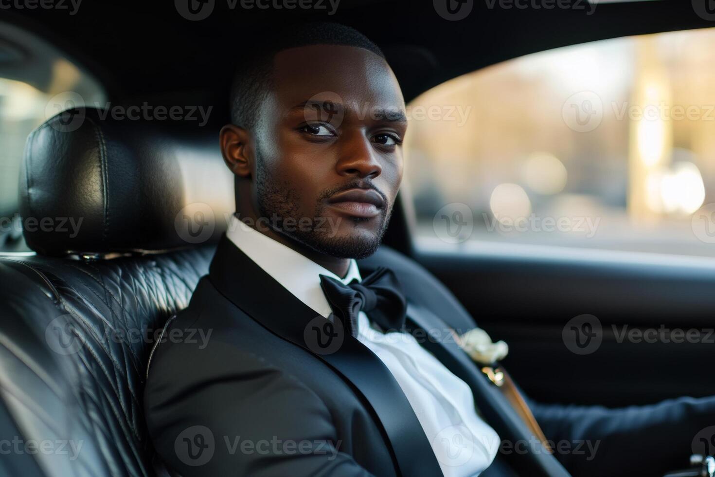 African American billionaire dressed in formal attire, sitting in a limousine while enjoying a luxurious journey photo