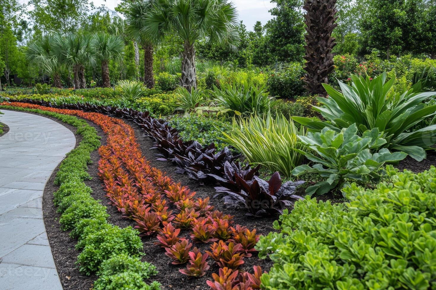 Organized garden bed with alternating rows of vibrant plants showcasing variety in growth patterns and textures photo
