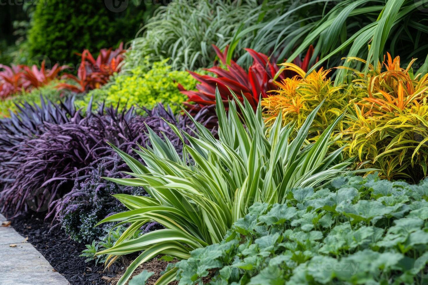 Vibrant garden bed displaying alternating rows of lush plants in a well-organized layout under bright daylight photo