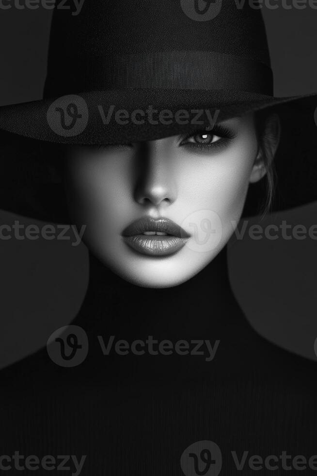 Elegant black and white portrait of a woman wearing a black hat that partially obscures her face, captured in a dramatic light setting photo