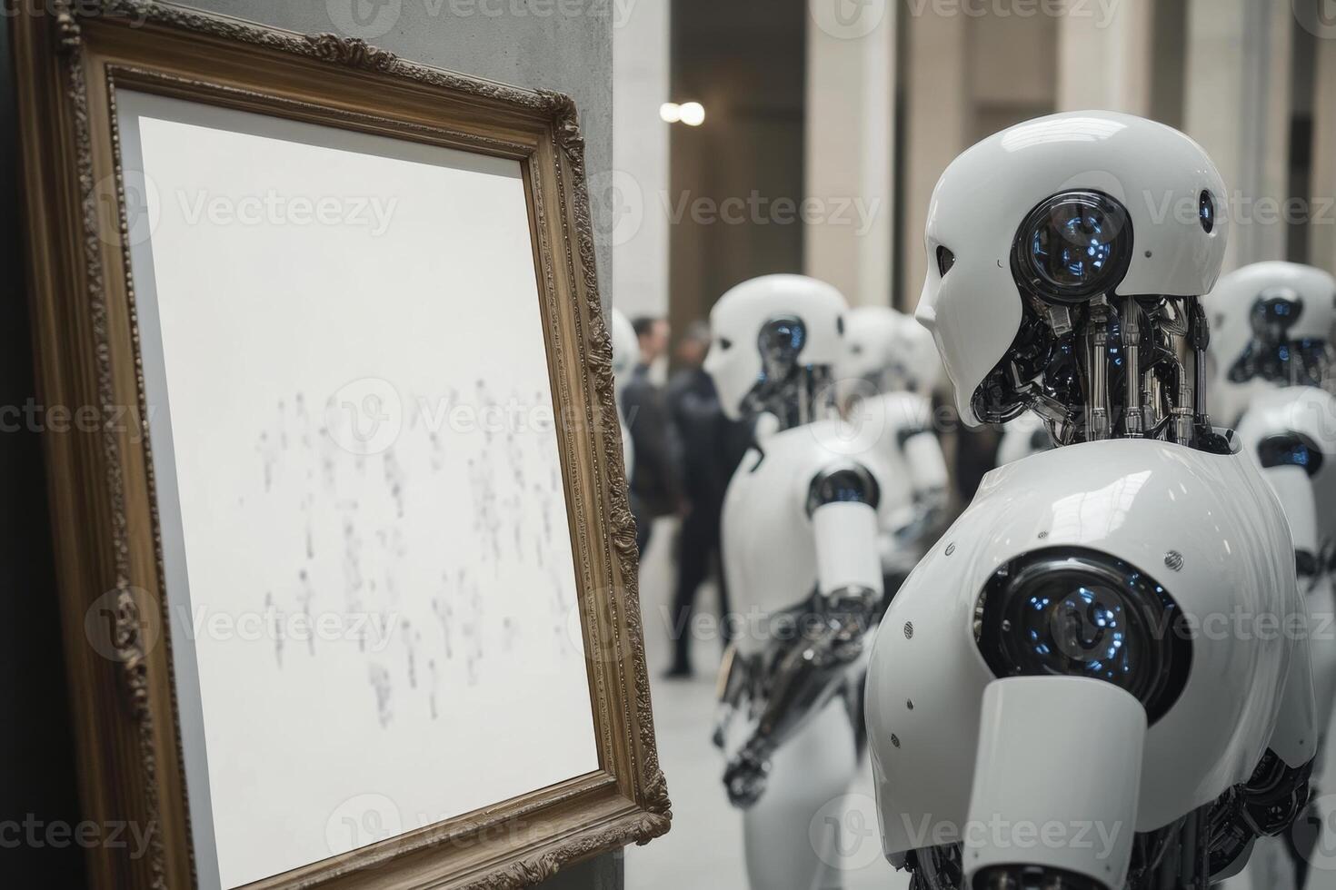 A crowd of AI robots gazes at a blank canvas framed in baroque style in an art gallery photo