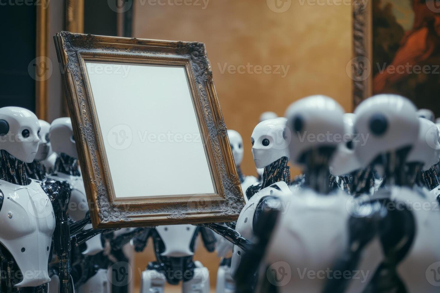 Crowd of AI robots in a gallery admiring a blank canvas framed in ornate baroque style photo