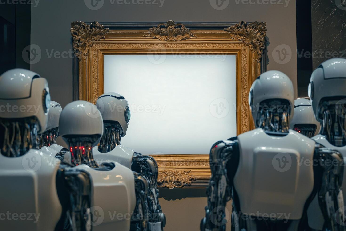 A crowd of AI robots marvels at a blank canvas framed in an ornate baroque frame within an art gallery setting photo