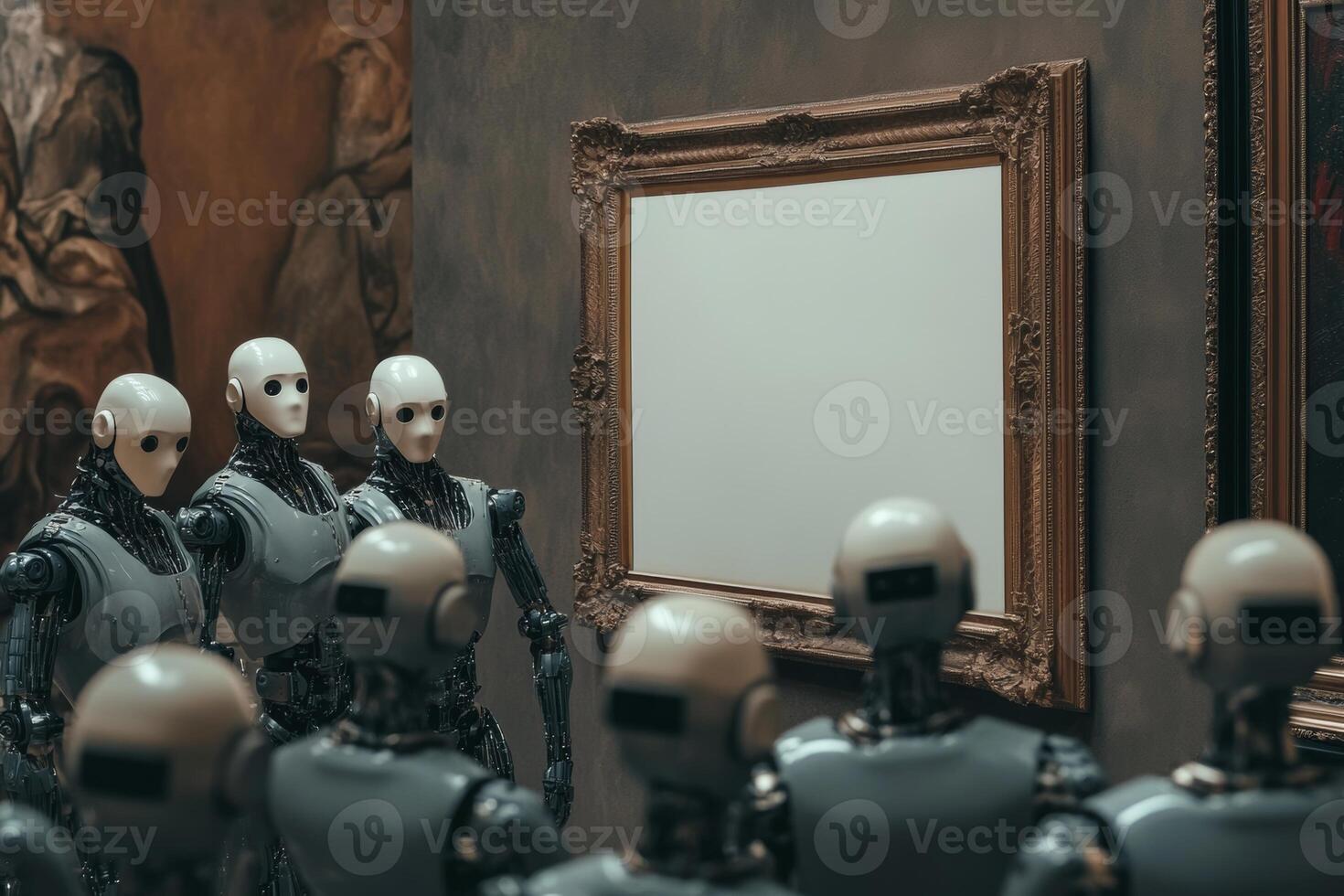 A crowd of robots marvels at a blank canvas in an ornate baroque frame within an art gallery, exploring the limits of creativity and perception photo