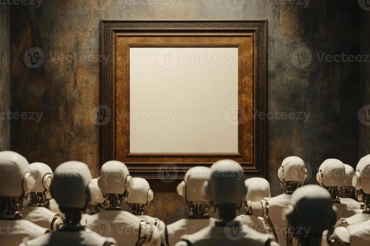 A crowd of AI robots marvels at a blank canvas framed in ornate baroque style within an art gallery setting photo