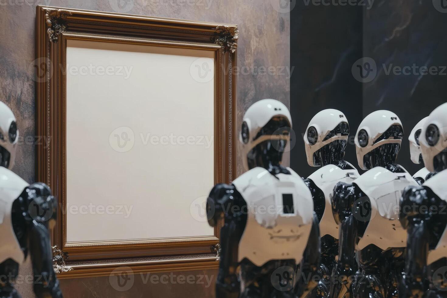 A crowd of robots admires a blank canvas within an ornate baroque frame at an art gallery photo