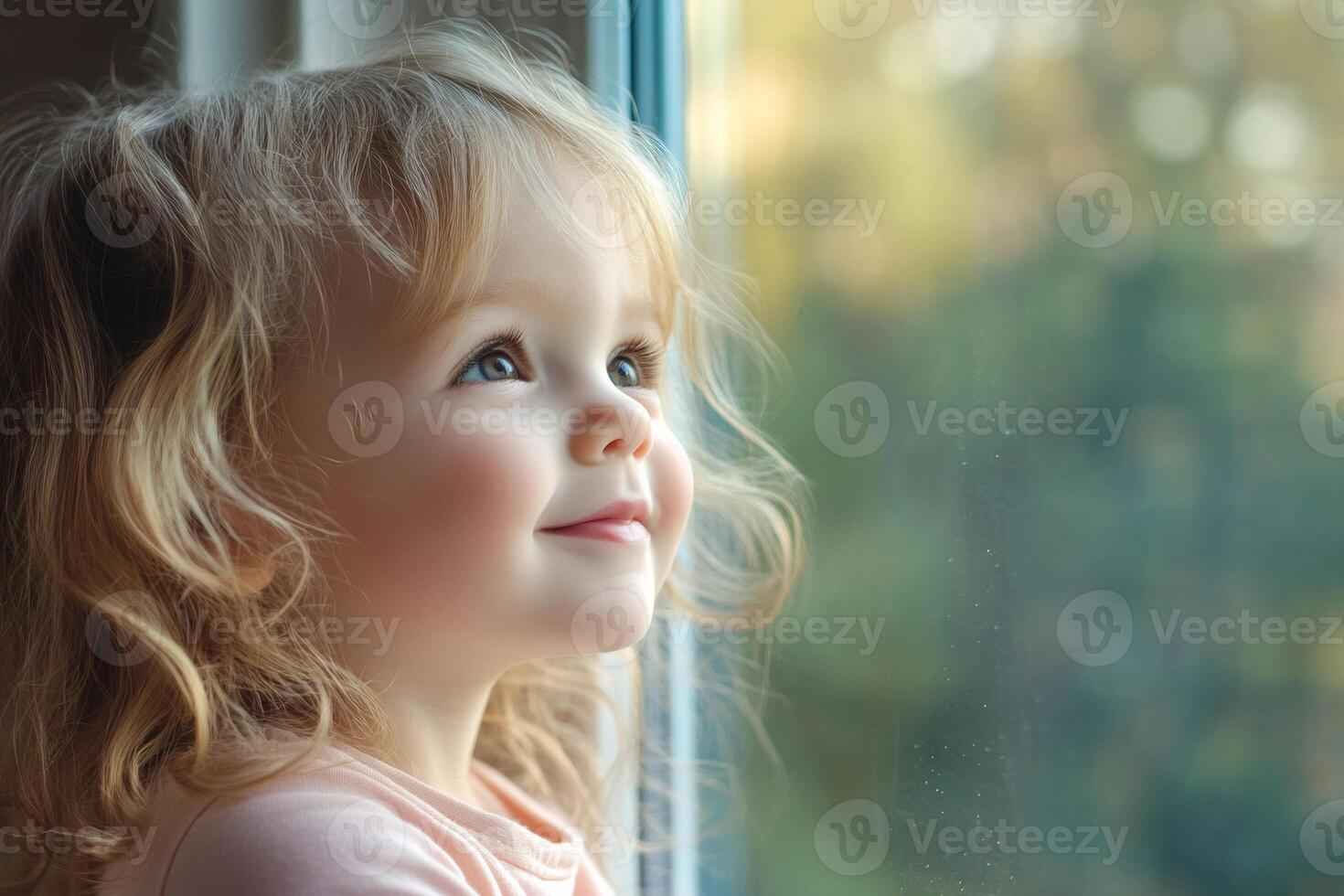 A joyful child gazing out of a window, enjoying nature and the sights outside on a sunny day photo