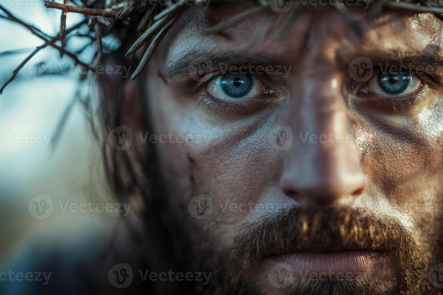 Close-up portrait of a man with piercing blue eyes wearing a crown of thorns, depicting deep emotion and struggle in a natural setting photo
