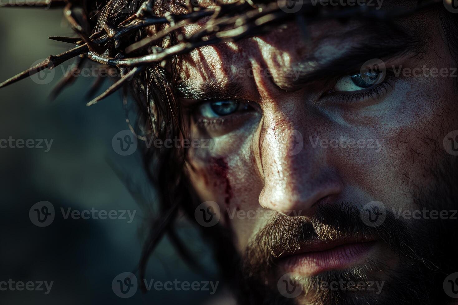 Close-up portrait of a man wearing a crown of thorns, expressing deep emotion and intensity, set in a dramatic, natural background photo