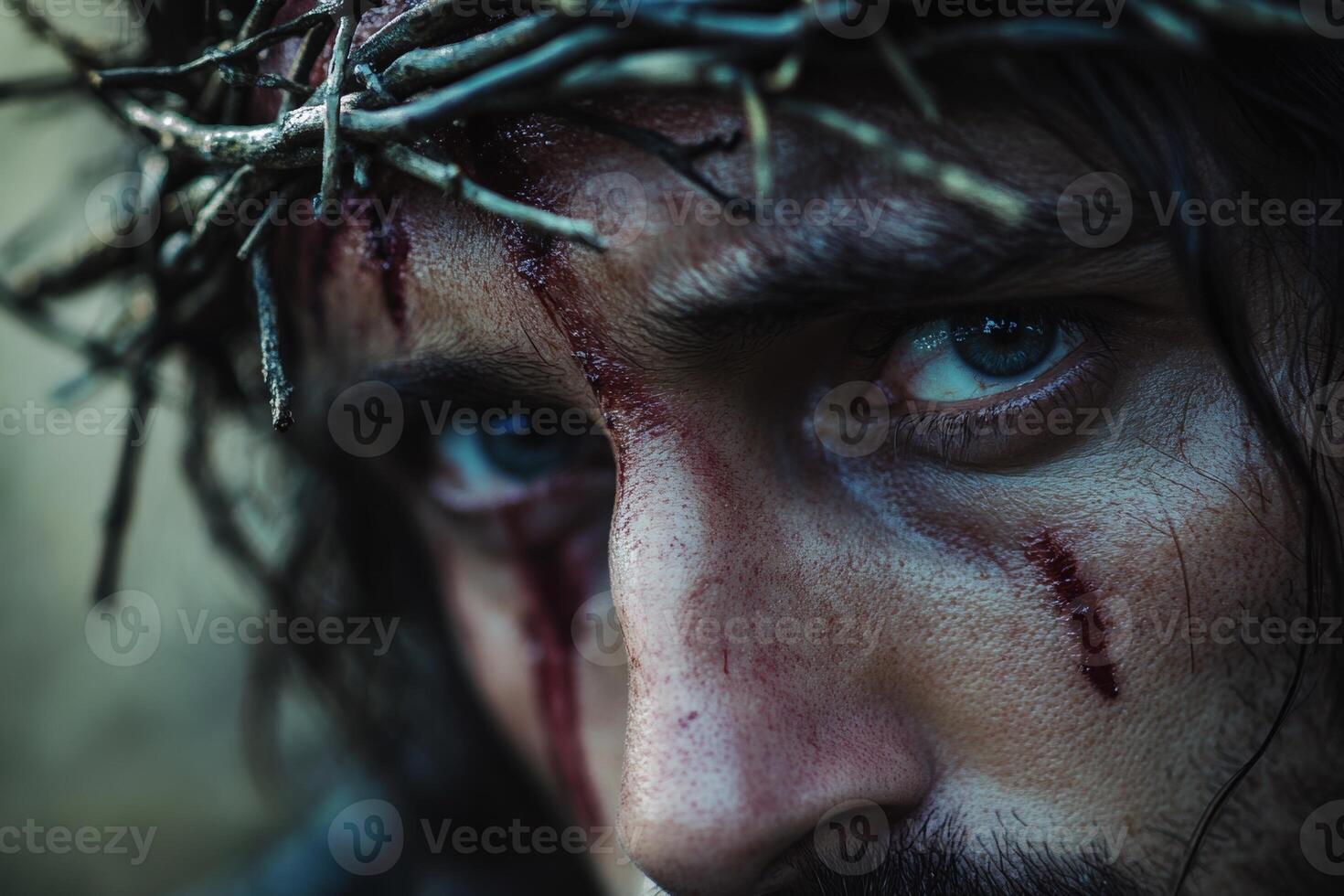 Close-up portrait of a man wearing a crown of thorns, capturing raw emotion and intensity in a somber setting photo