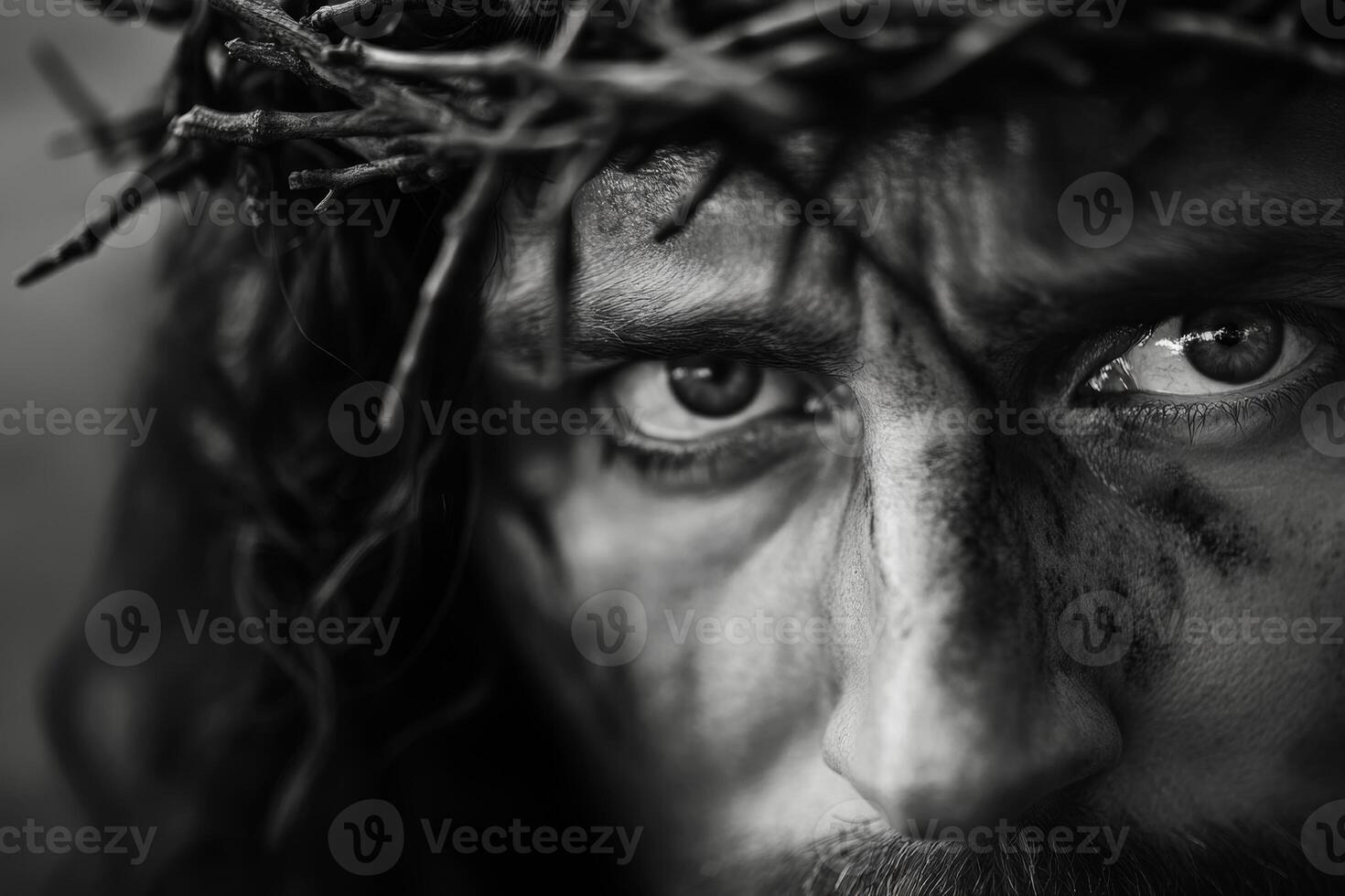 Close-up portrait of a man with a crown of thorns, depicting deep emotion and hardship, captured in a serene atmosphere photo