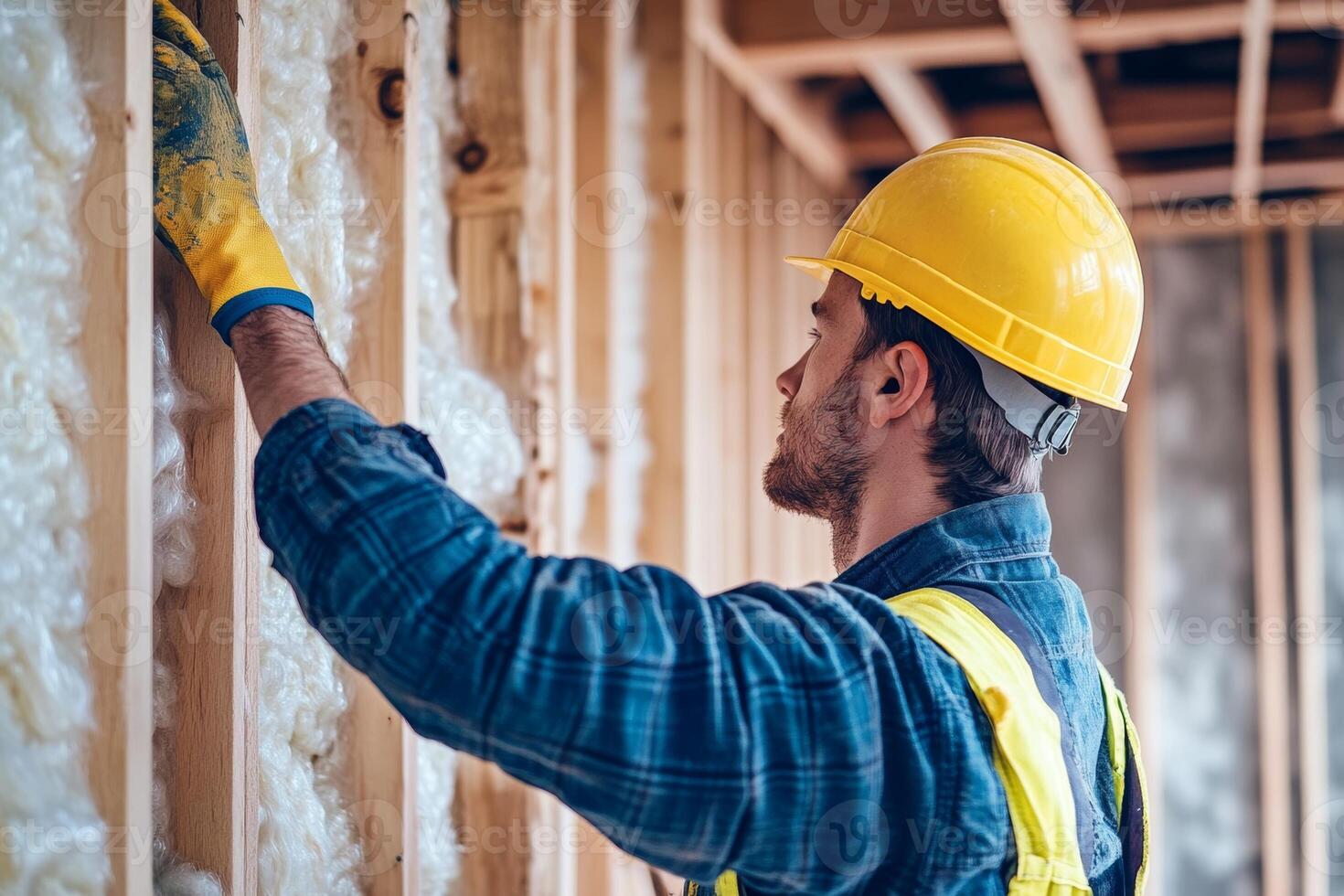 Construction worker installs fiberglass insulation in a wooden wall frame in a new home to enhance energy efficiency photo