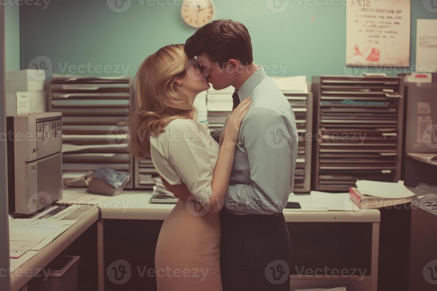 Coworkers share a romantic kiss in a busy office environment during work hours near filing cabinets and computers photo