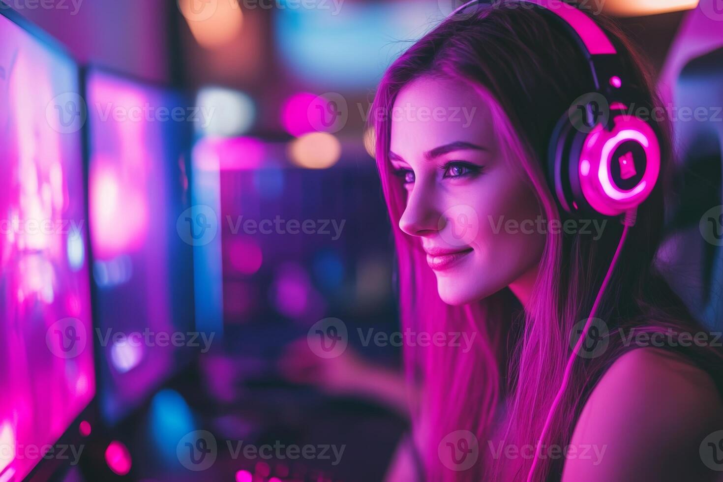 An e-girl streams gameplay in a vibrant room adorned with pink LED lighting and surrounded by a powerful gaming rig photo