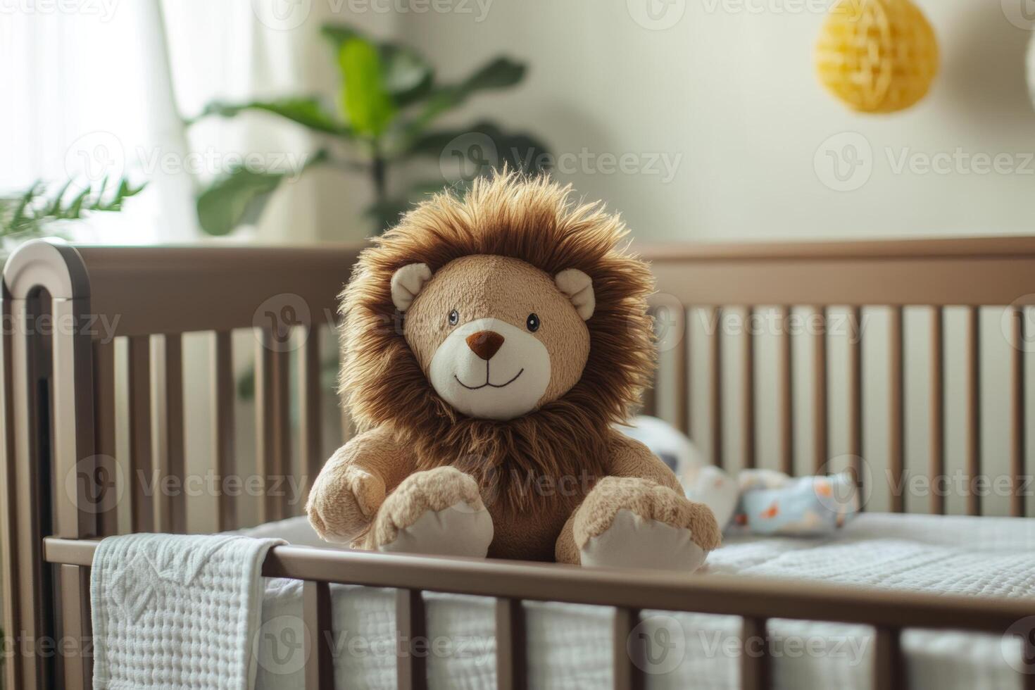 Cozy lion plushie sits in a baby crib surrounded by soft decor in a serene nursery photo