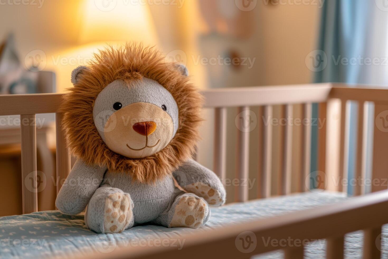 A soft lion plushie sits in a cozy baby crib in a bright nursery, creating a warm and inviting atmosphere for a little one photo