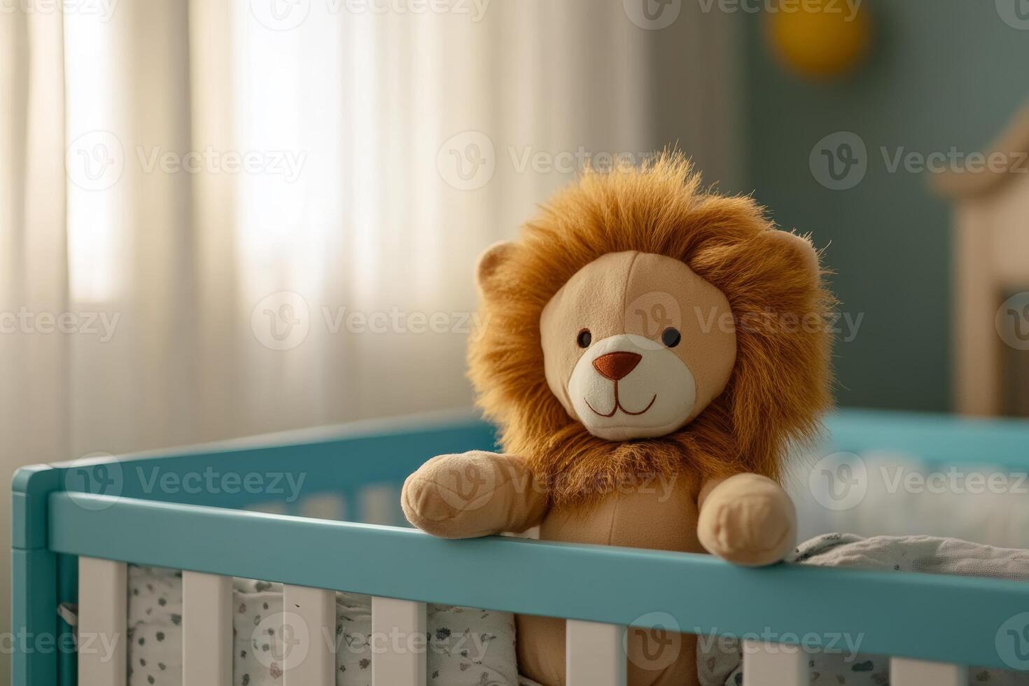 A soft lion plushie waiting in a cozy baby crib in a peaceful nursery decorated for a little one photo