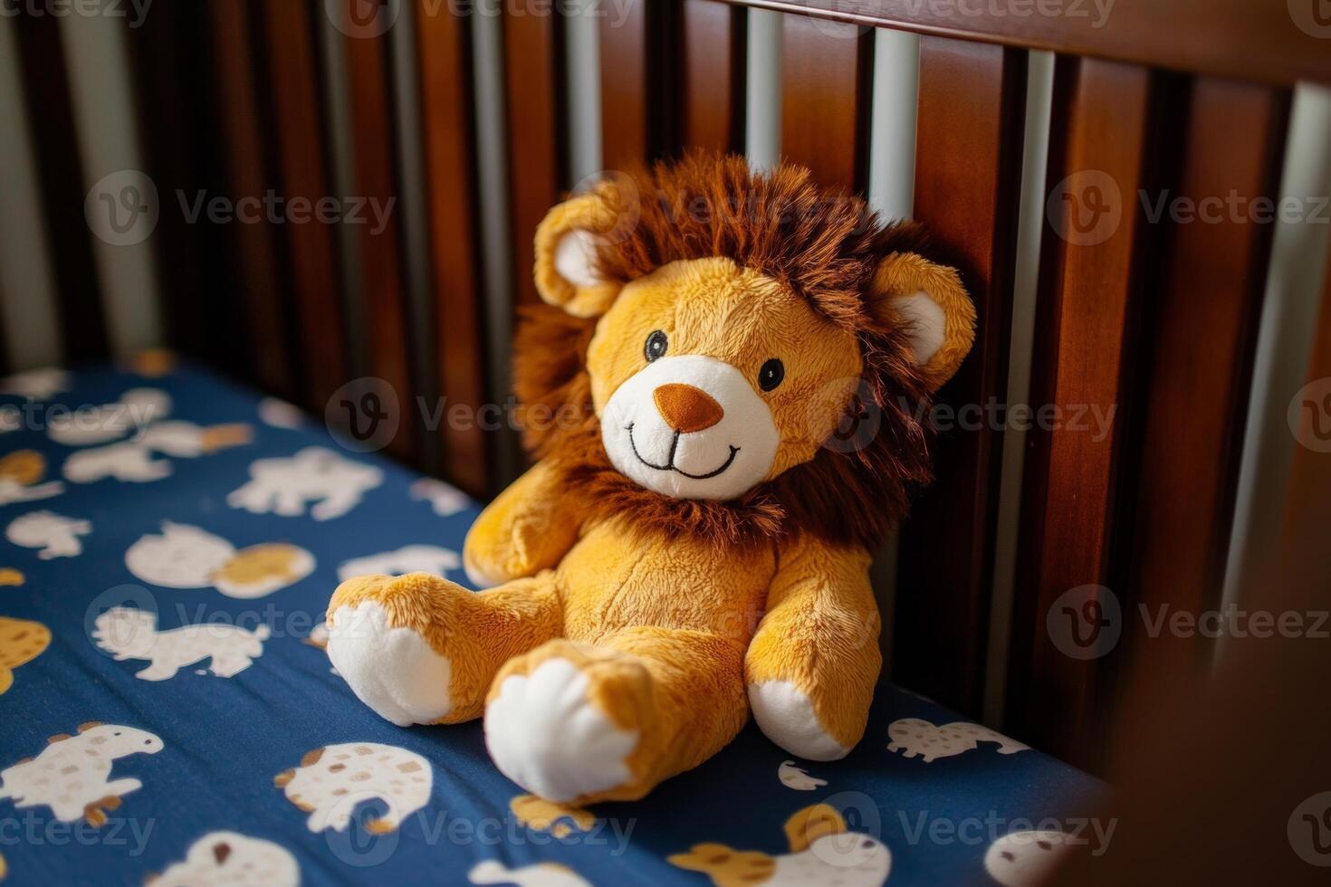 A cozy lion plushie resting in a baby crib in a nursery decorated for a little one photo