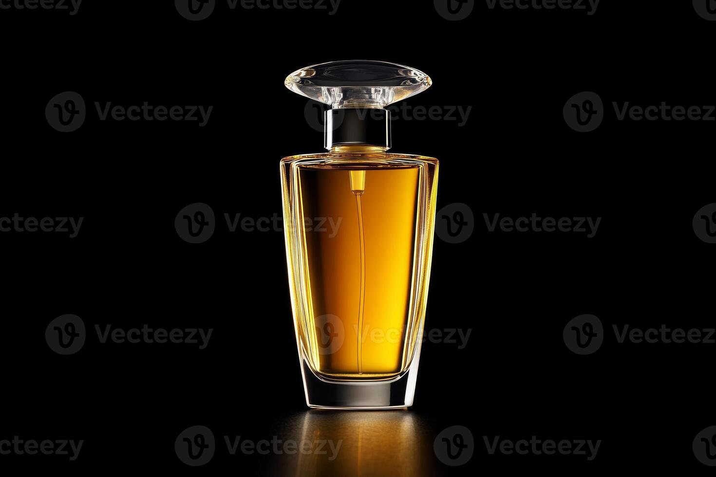 Elegant perfume bottle with golden liquid isolated on a black background, showcasing its refined design and luxurious essence photo