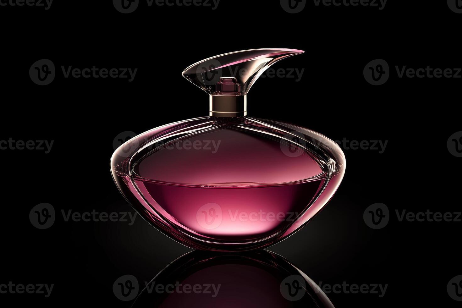 Elegant purple perfume bottle isolated against a sleek black background, showcasing its unique shape and design photo