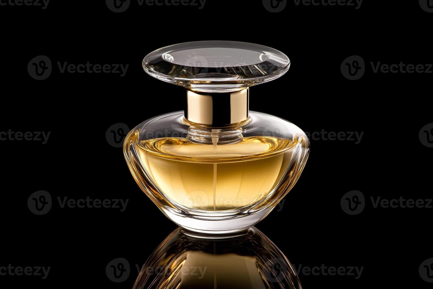 Elegant perfume bottle isolated on a black background showcasing its smooth curves and golden liquid inside photo