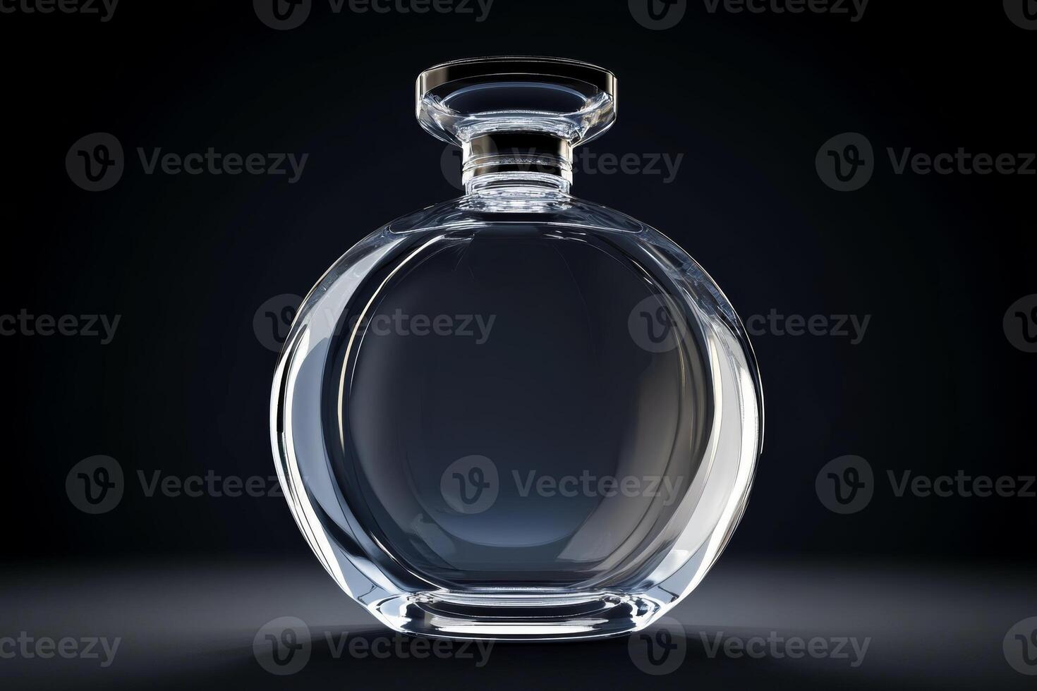 Elegant perfume bottle isolated against a dark background highlighting its transparent design and unique shape photo