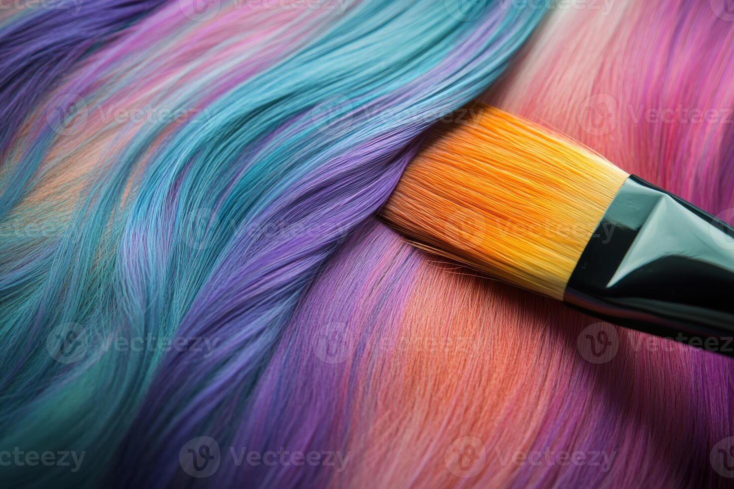A professional stylist dyes hair with a color brush, showcasing artistic skill and vibrant hues in a salon setting photo