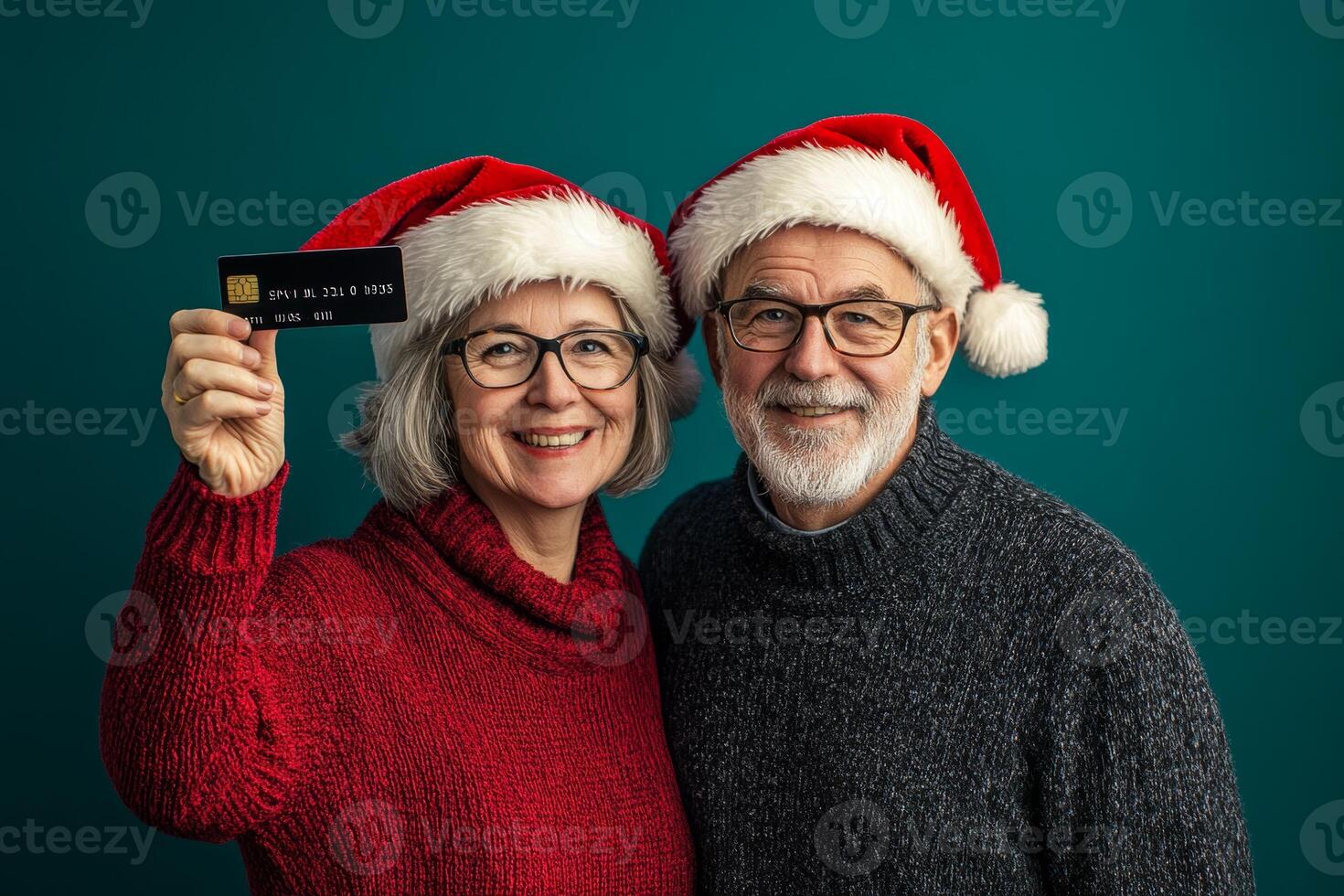 Cheerful couple in Santa hats excitedly holding a credit card for holiday shopping against a festive backdrop photo