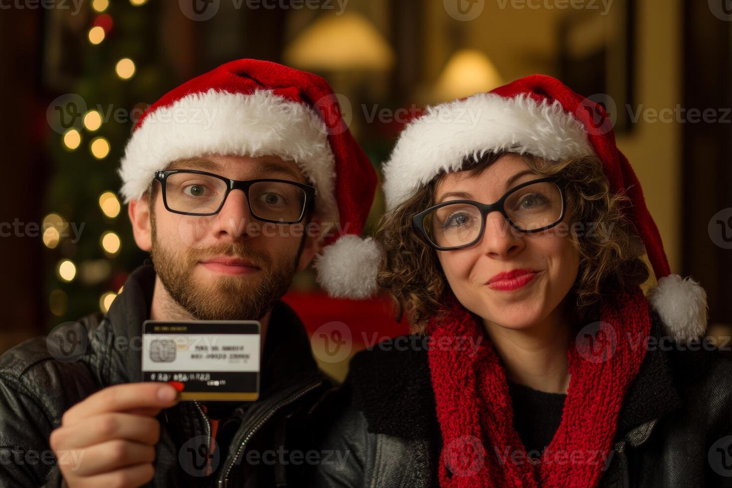 A festive couple in Santa hats excited for holiday shopping while holding a credit card in a cozy, decorated setting photo