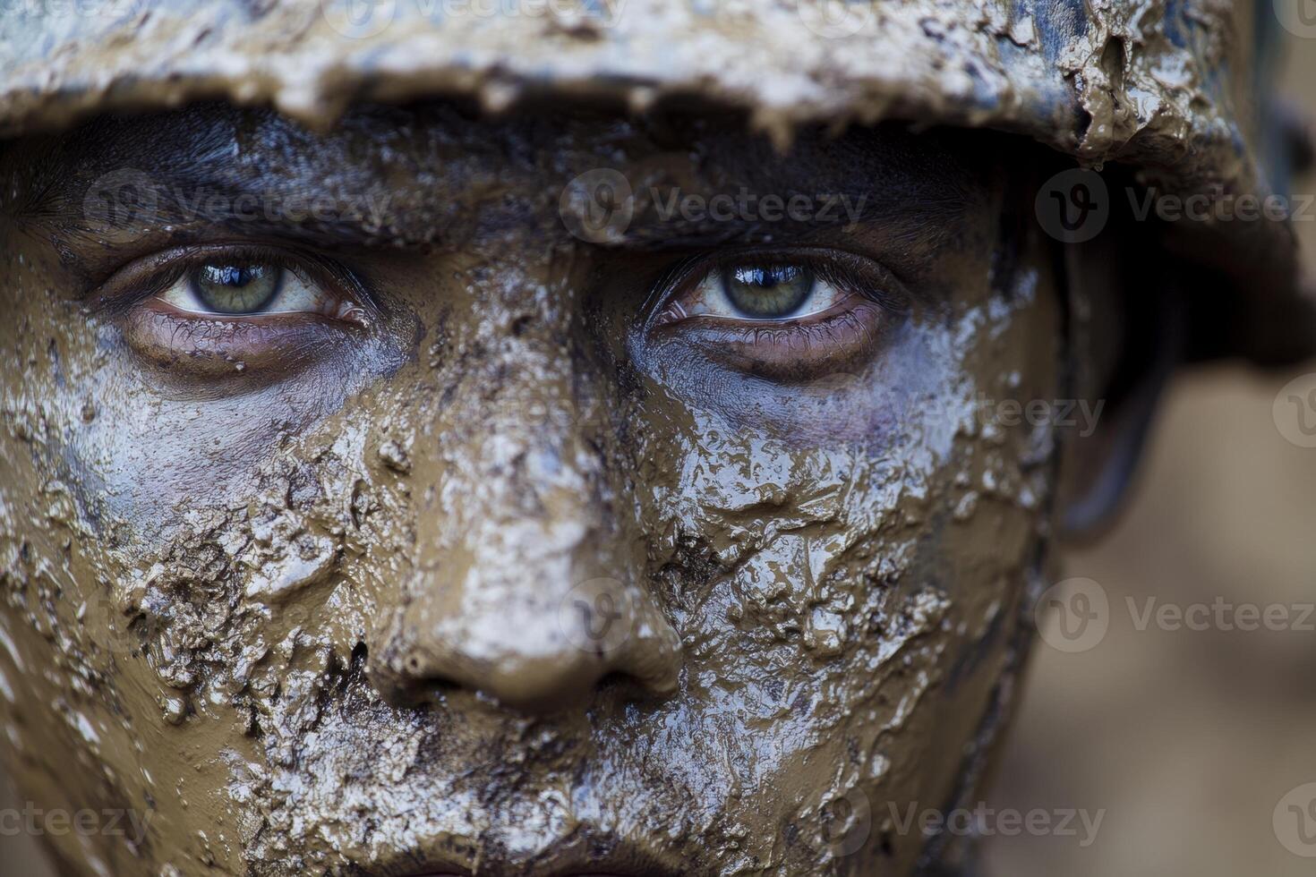 A soldier with a muddy face during training exercises in a forest environment in the early morning light photo