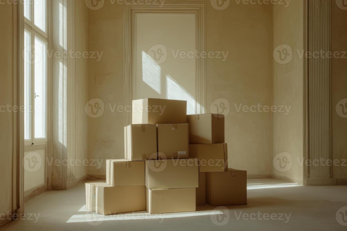 Packed cardboard boxes stacked in a vacant beige apartment room with a window, capturing a moment of transition photo