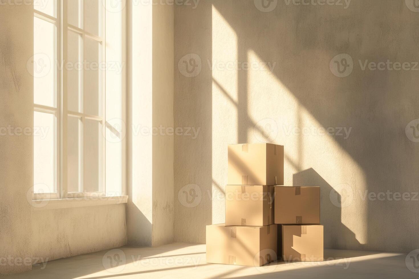 Packed cardboard boxes stacked in a bright, empty beige apartment with a large window letting in natural light photo