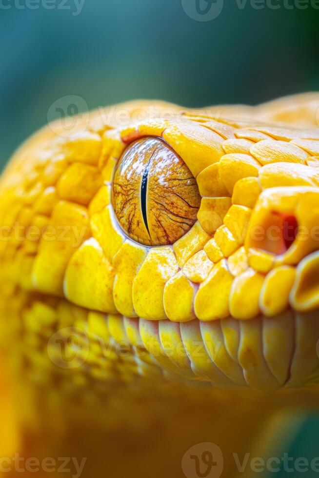A close-up view of a yellow snake's eye against a softly blurred backdrop, capturing nature's intricate details and vibrant colors photo