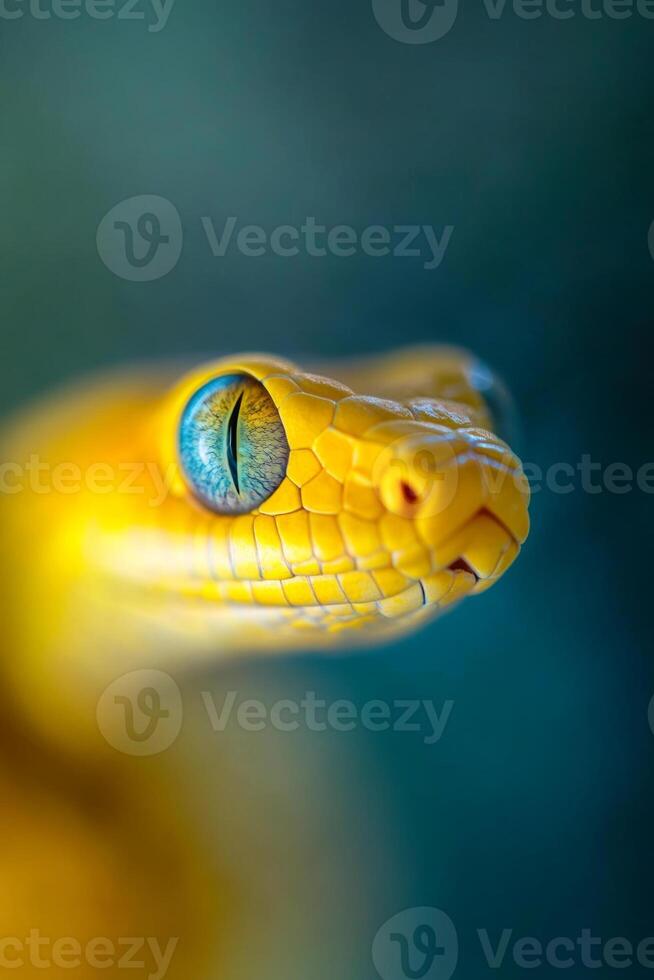Close-up view of a yellow snake's eye surrounded by a softly blurred background in a serene natural setting photo