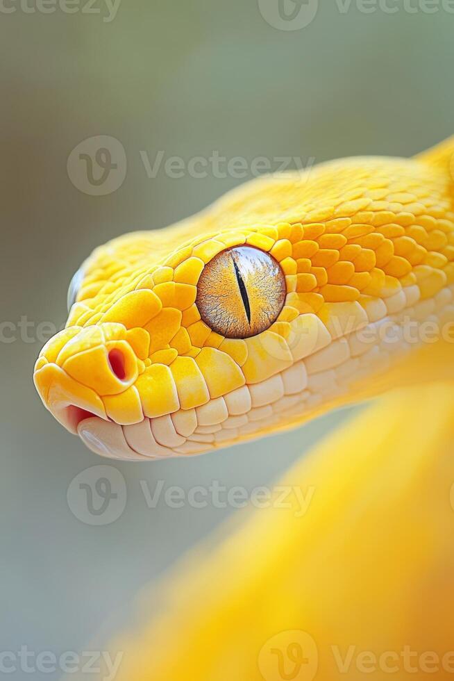 Close-up view of a yellow snake's eye, highlighting its intricate texture and vibrant color against a softly blurred background in a natural setting photo