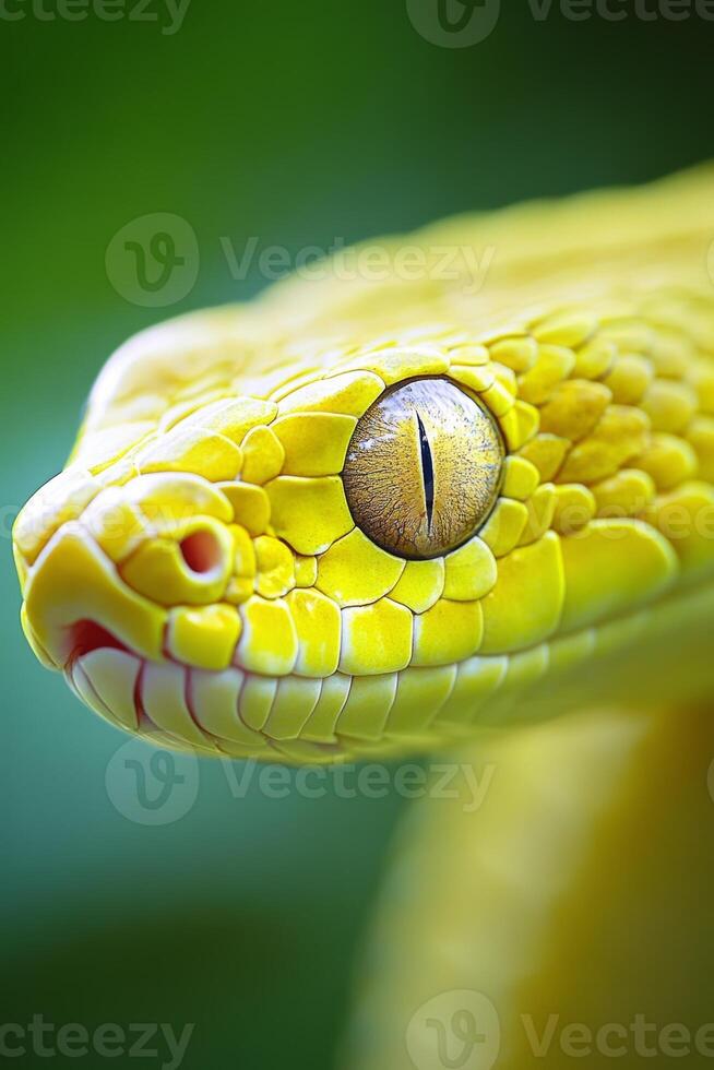 Close-up of a striking yellow snake's eye revealing intricate details against a softly blurred green background in a natural setting photo