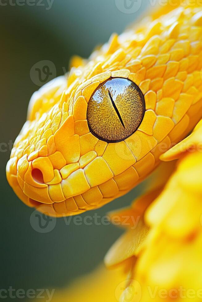 An intricate close-up of a yellow snake's eye amidst a gently blurred background showcasing its vibrant scales and unique features photo