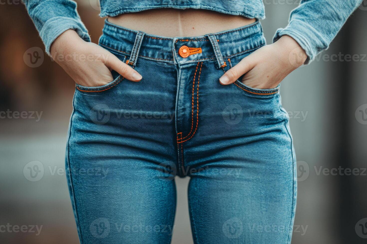 Stylish denim jeans with orange stitching showcased in an urban setting for a trendy and casual look photo