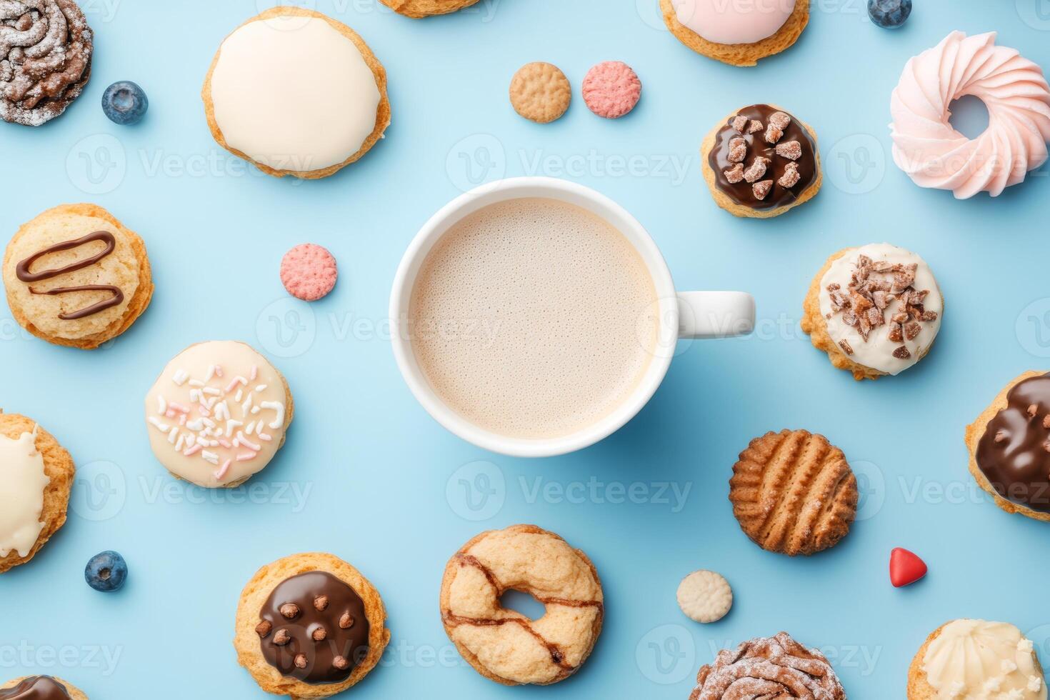 Aerial view of a light-colored cup filled with hot coffee surrounded by an array of colorful sweet treats on a blue background photo