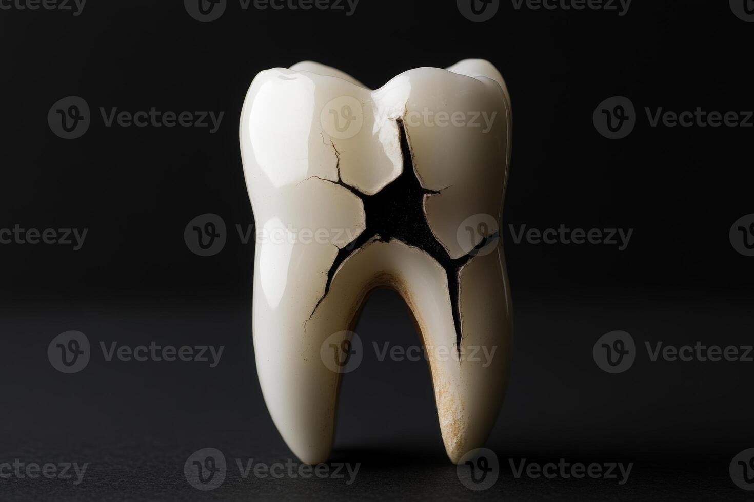 A broken tooth showing signs of decay needing immediate dental attention photo