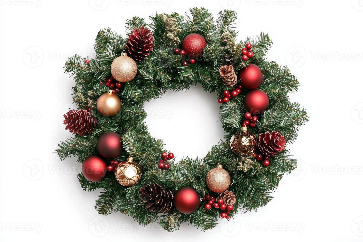 Close-up of a festive Christmas wreath adorned with ornaments and pine cones for joyful holiday decoration photo