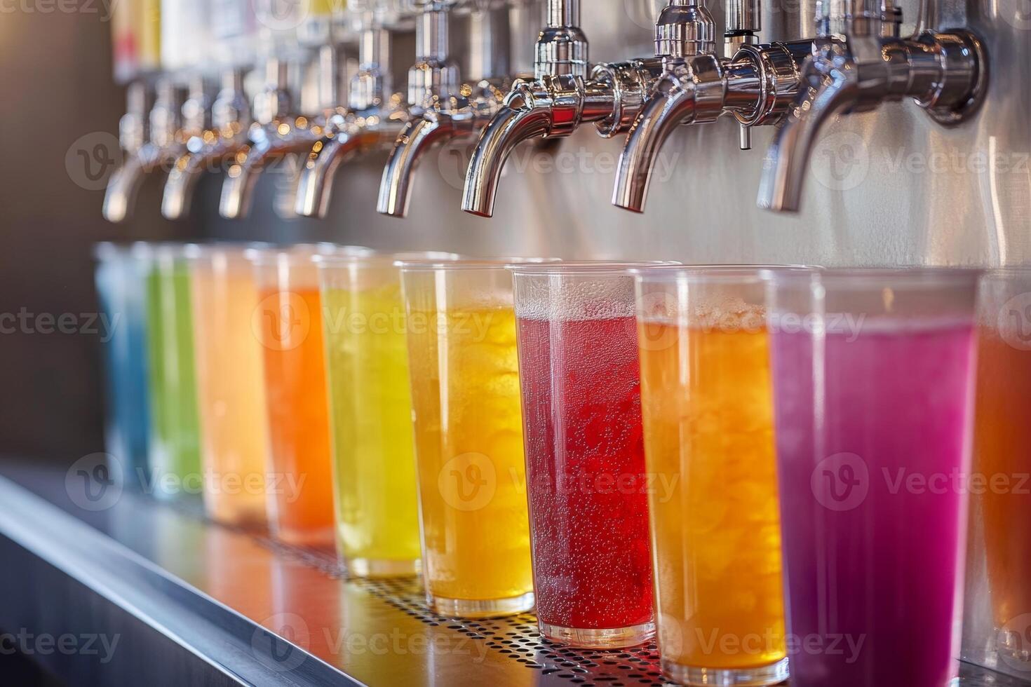 Colorful beverages being dispensed from a multi-tap machine at a casual dining venue during a sunny afternoon photo