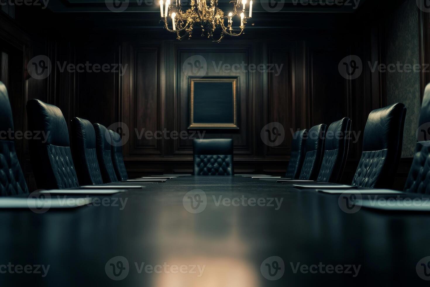 A large boardroom meeting table with empty chairs ready for directors' discussion in a corporate office setting photo