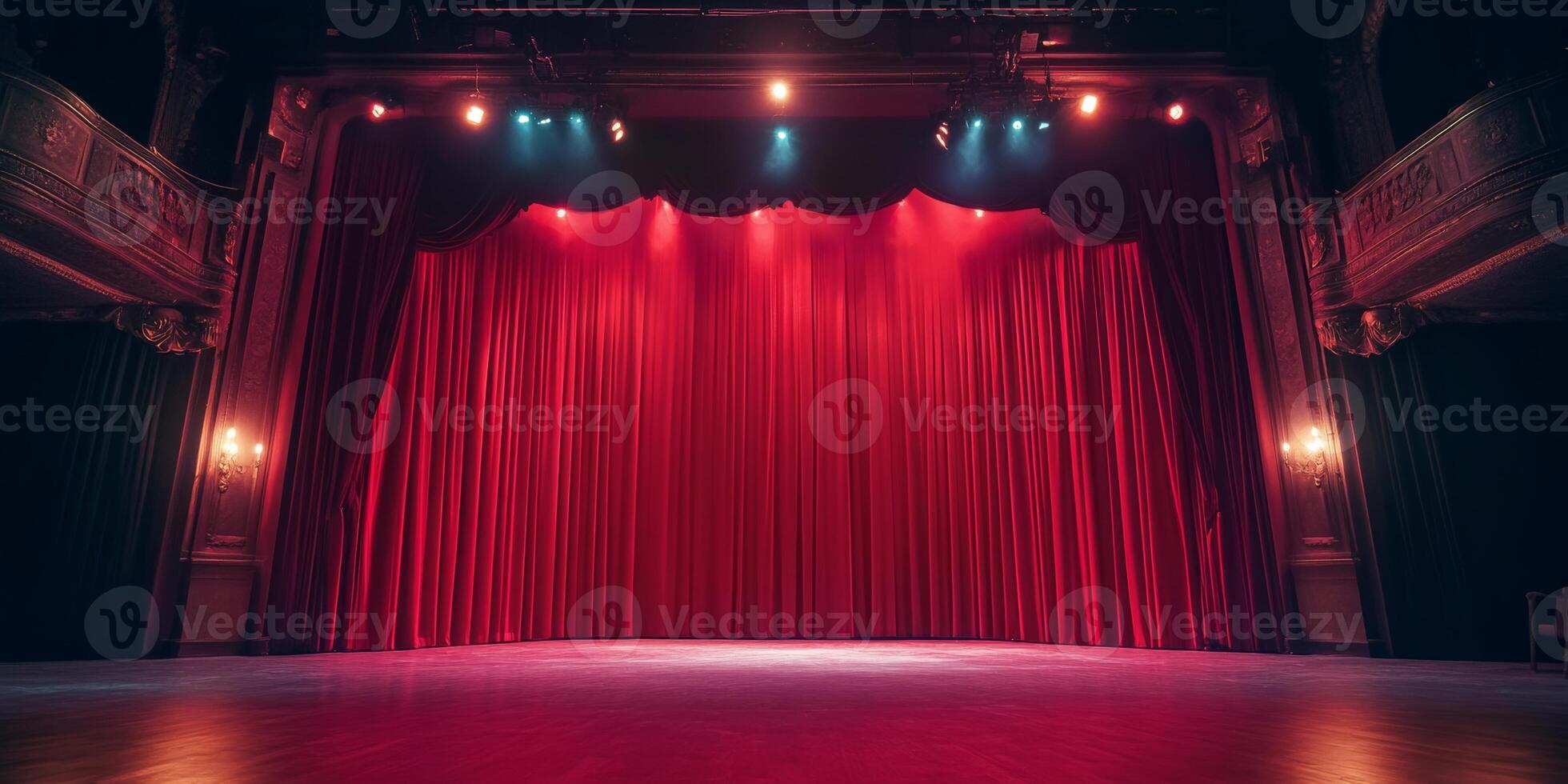 A beautifully lit theater stage with red curtains prepared for a dramatic performance in a classic venue, inviting the audience to anticipate photo
