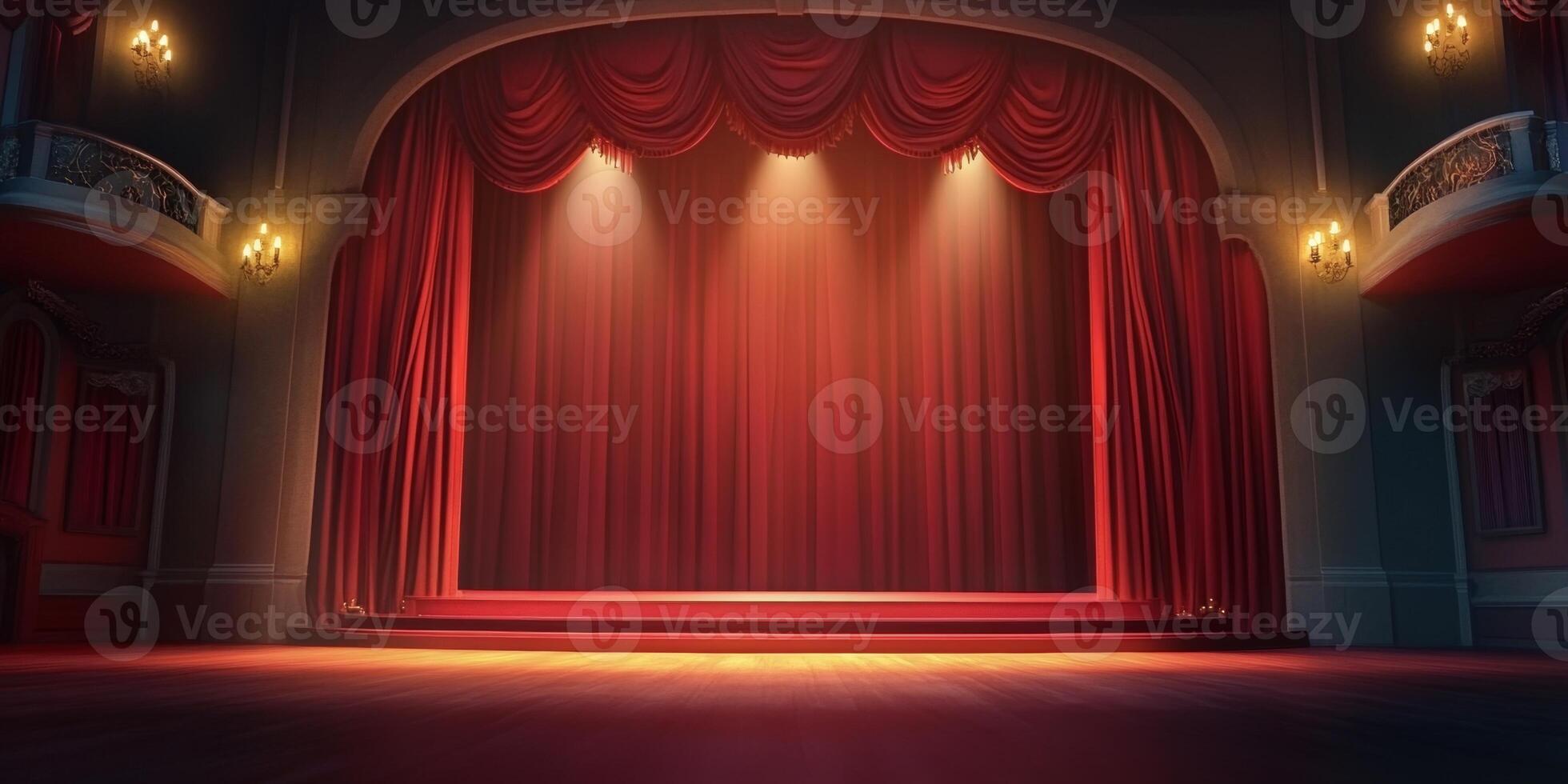 Empty theater stage with vibrant red curtains illuminated by dramatic lighting, setting the mood for a captivating performance photo