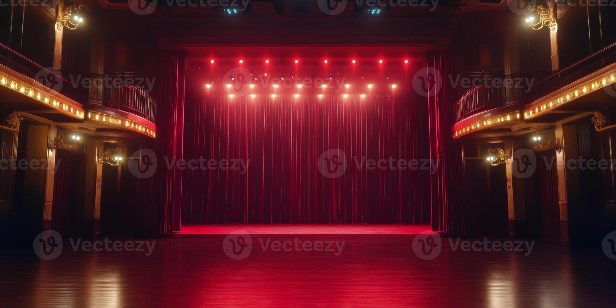 Dramatic empty theater stage with red curtains and spotlight ready for a captivating performance photo